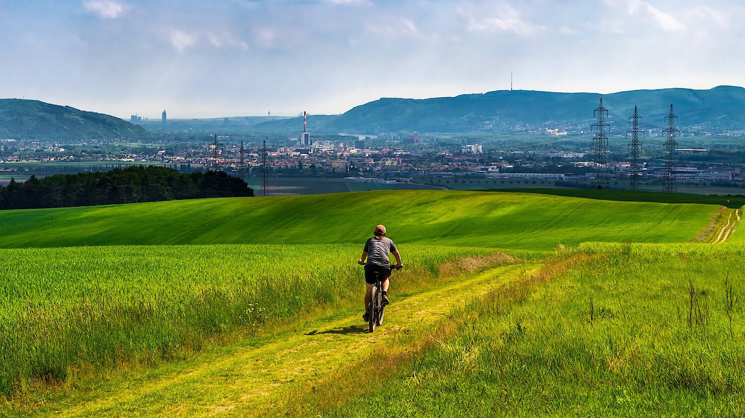 Foto Radfahrer zwischen Feldern mit Stadt im Hintergrund